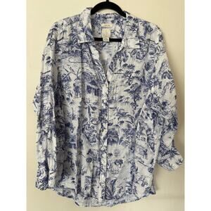 Joie Linen Button-Down Tropical Prinkt Top White Blue Sz 2X